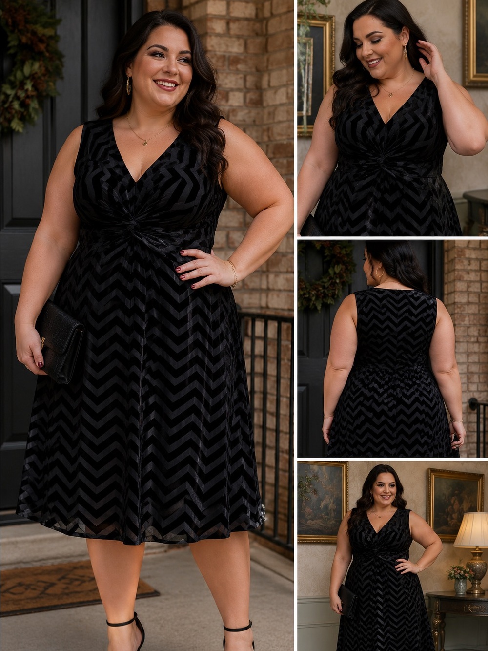 Lane Bryant Black Velvet Burnout Chevron Twist Front Dress 14/16